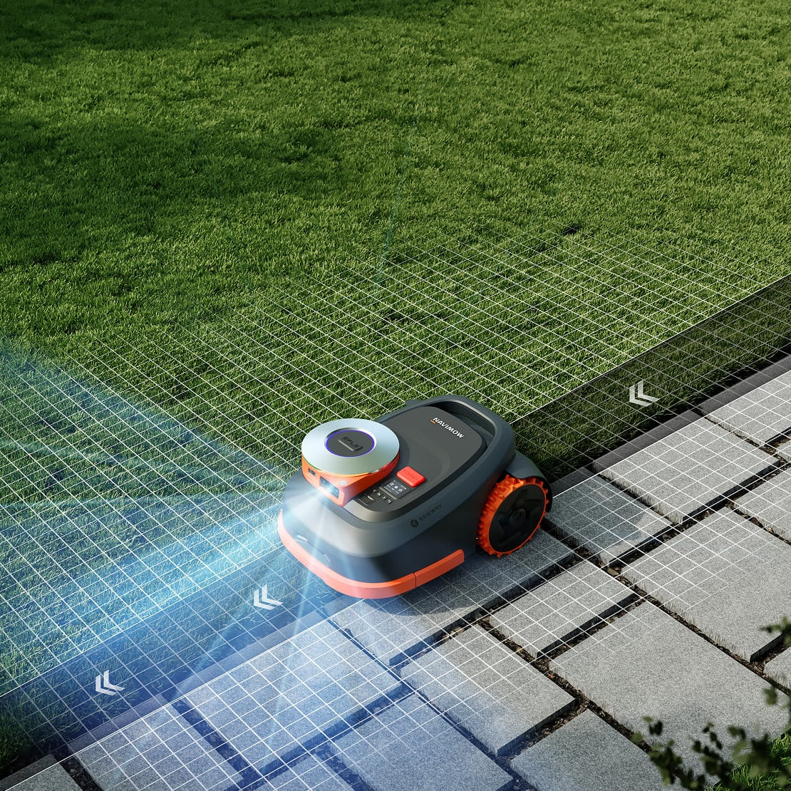 Robotic lawn mower on a grassy and paved area