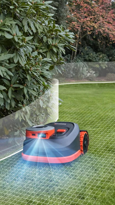 Robotic lawn mower on a grassy lawn with bushes in the background. shows LIDAR laser technology blueprint