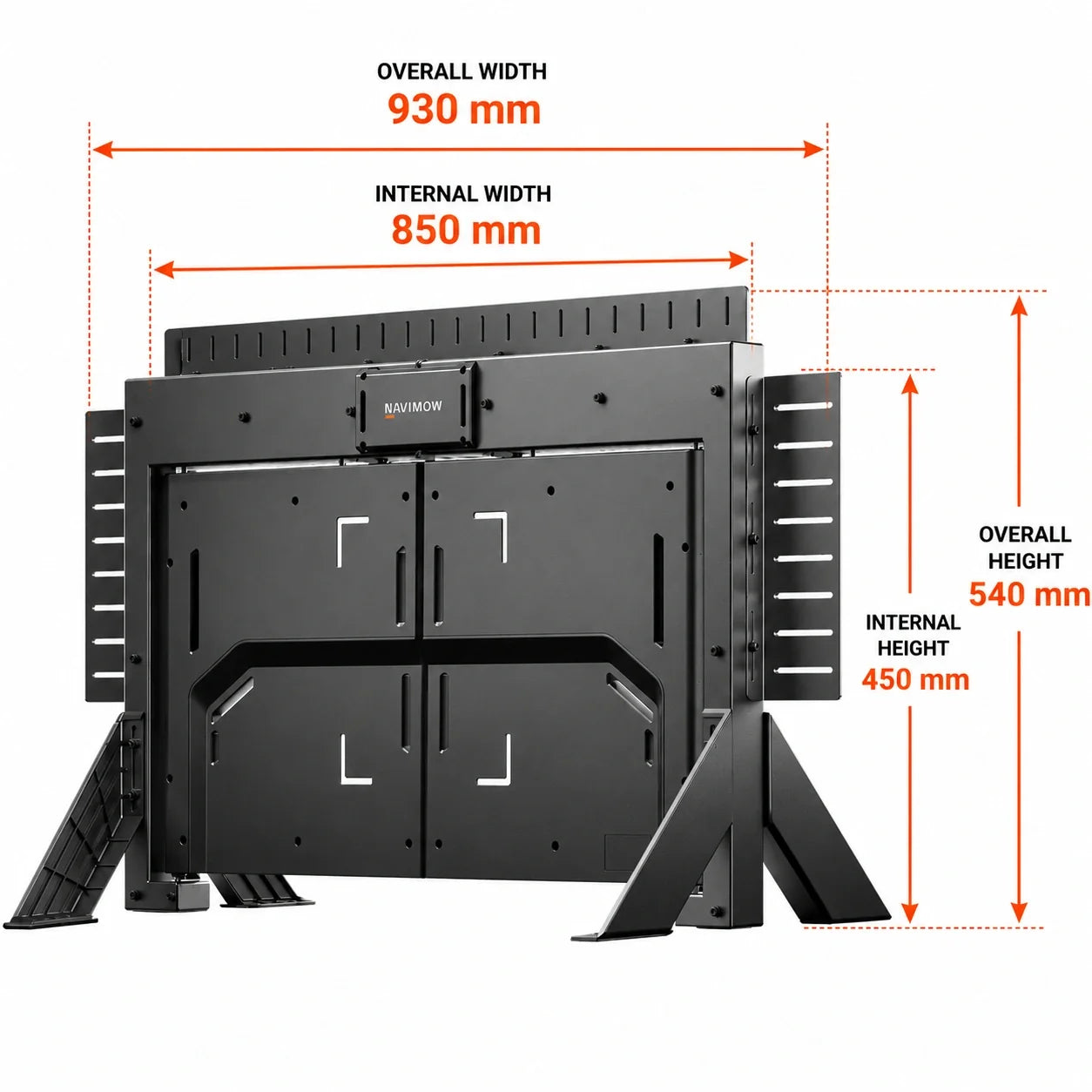 Black monitor stand with overlaid dimension lines showing overall width 930 mm, internal width 850 mm, overall height 540 mm, and internal height 450 mm on a white background.