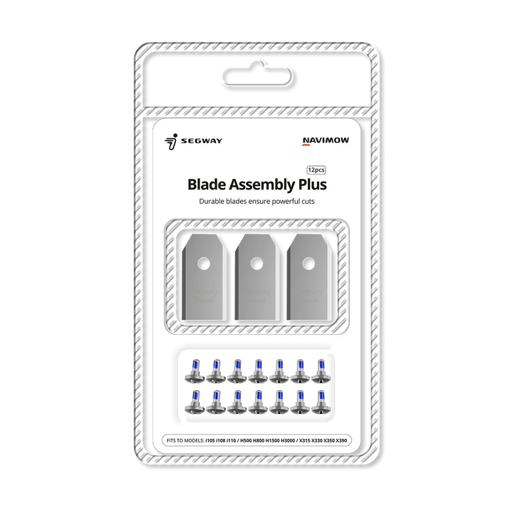 Segway NaviMow Blade Assembly Plus 12-pack in its original retail blister packaging, showing three gray metal blades and twelve small blue-and-silver mounting pieces on a white background.